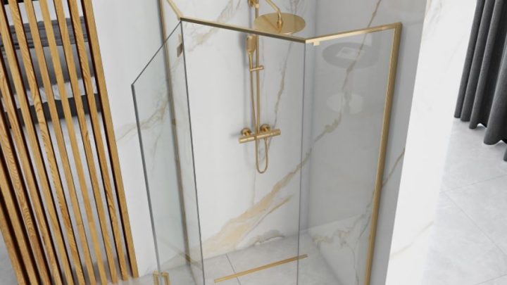 złota kabina prysznicowa w łazience